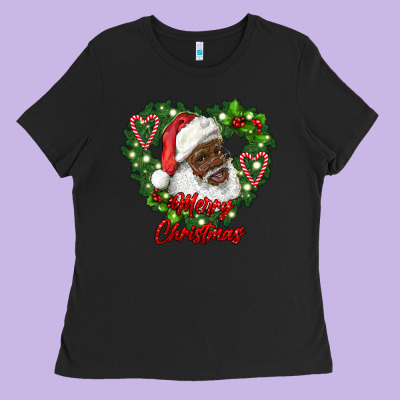 Merry Christmas African American Santa With Wreath Ladies Tee Designed By Ranaportraitstore