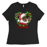 Black merry christmas african american santa with wreath Ladies Tee - RanaPortraitStore