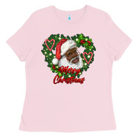 Bubblegum Pink merry christmas african american santa with wreath Ladies Tee - RanaPortraitStore