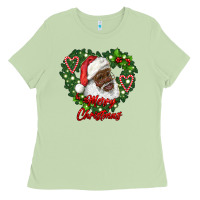 Matcha merry christmas african american santa with wreath Ladies Tee - RanaPortraitStore