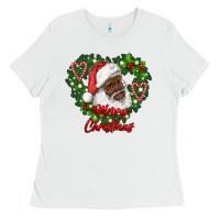 White merry christmas african american santa with wreath Ladies Tee - RanaPortraitStore