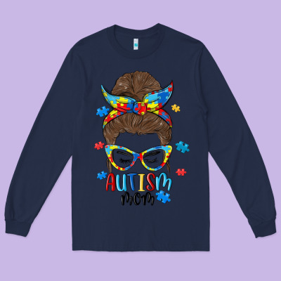 Messy Bun Autism Mom Long Sleeve Tee Designed By Maliassmallbusiness