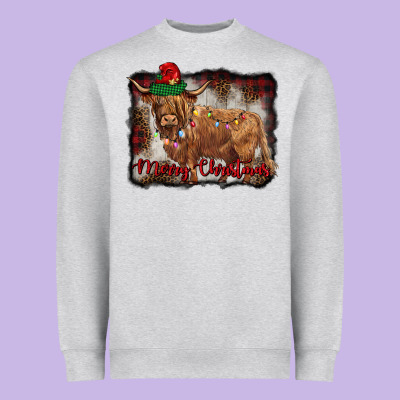 Merry Christmas Highland Cow Heavyweight Sweatshirt Designed By Barkaloodesign