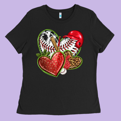 Baseball With Strawberry Hearts Ladies Tee Designed By Texasbilliewilder