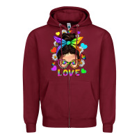 Burgundy LGBTQ+ Messy Bun Mum Love With Hearts Zipper Hoodie - BundleAndBundleShop