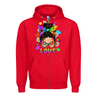 Red LGBTQ+ Messy Bun Mum Love With Hearts Zipper Hoodie - BundleAndBundleShop