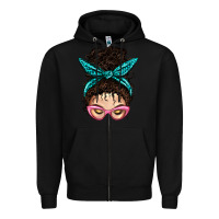 Black Messy Curly Bun Mom With Leopard Bandana Zipper Hoodie - BundleAndBundleShop