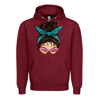 Burgundy Messy Curly Bun Mom With Leopard Bandana Zipper Hoodie - BundleAndBundleShop