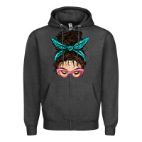 Charcoal Heather Messy Curly Bun Mom With Leopard Bandana Zipper Hoodie - BundleAndBundleShop
