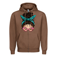 Chestnut Messy Curly Bun Mom With Leopard Bandana Zipper Hoodie - BundleAndBundleShop