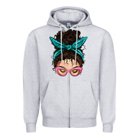 Heather Grey Messy Curly Bun Mom With Leopard Bandana Zipper Hoodie - BundleAndBundleShop