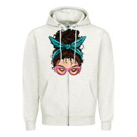Oatmeal Heather Messy Curly Bun Mom With Leopard Bandana Zipper Hoodie - BundleAndBundleShop