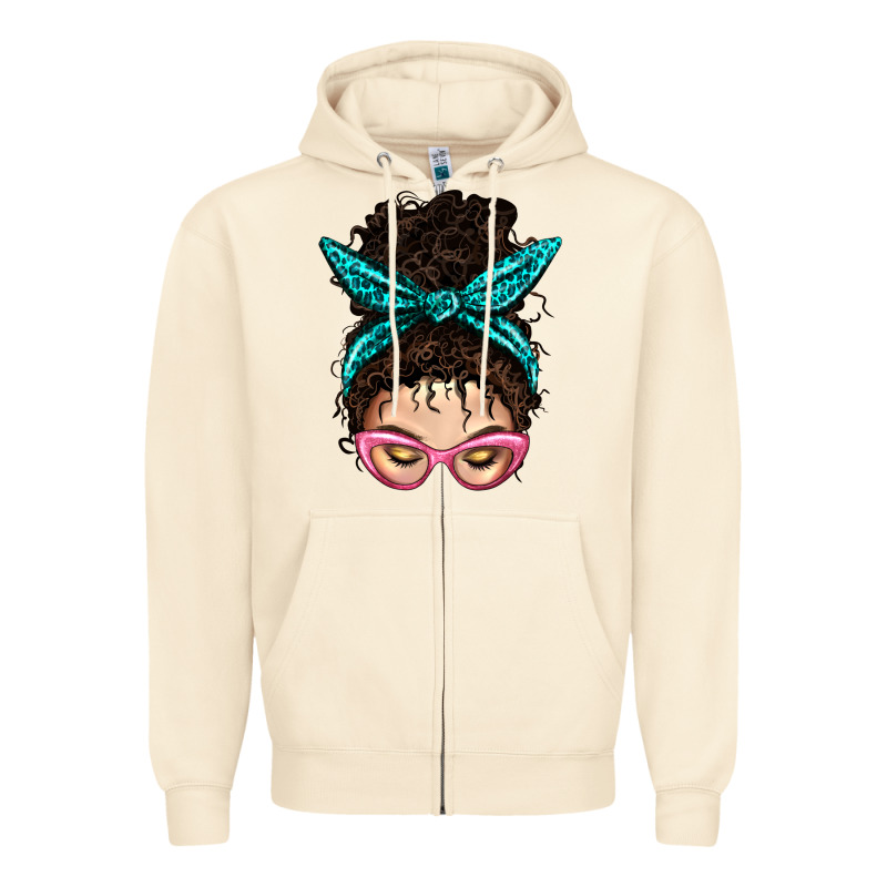 Messy Curly Bun Mom With Leopard Bandana Zipper Hoodie by BundleAndBundleShop | Teevron