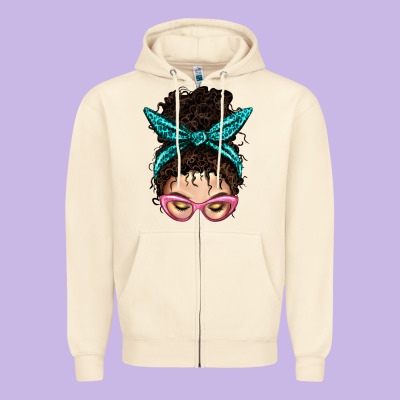 Messy Curly Bun Mom With Leopard Bandana Zipper Hoodie Designed By Bundleandbundleshop