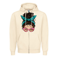 Sandshell Messy Curly Bun Mom With Leopard Bandana Zipper Hoodie - BundleAndBundleShop