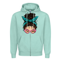 Seafoam Messy Curly Bun Mom With Leopard Bandana Zipper Hoodie - BundleAndBundleShop