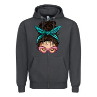 Smoke Messy Curly Bun Mom With Leopard Bandana Zipper Hoodie - BundleAndBundleShop