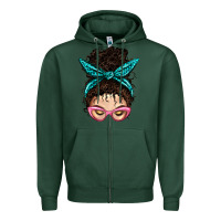 Sports Green Messy Curly Bun Mom With Leopard Bandana Zipper Hoodie - BundleAndBundleShop