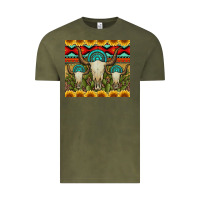 Vintage Olive bull skulls gemstones and cactus with leopard and aztec Vintage Tee - Artiststas