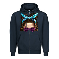Navy Messy Bun Mom And Pink Leopard Sunglasses Zipper Hoodie - BundleAndBundleShop