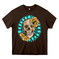 Chocolate Brown skull with gemstone and sunflower Heavy Core Tee - RanaPortraitStore