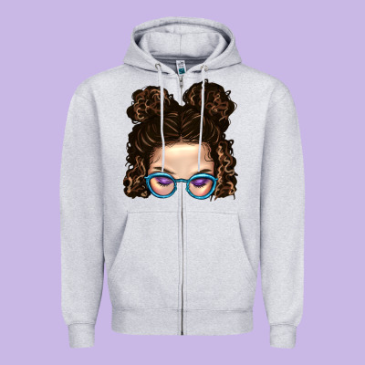 Messy Bun Mom And Glitter Glasses Zipper Hoodie Designed By Bundleandbundleshop