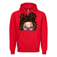 Red Messy Bun Mom And Glitter Glasses Zipper Hoodie - BundleAndBundleShop