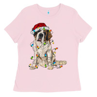 Bubblegum Pink saint bernard with christmas lights Ladies Tee - RanaPortraitStore