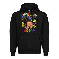 Black LGBTQ+ Messy Bun Mom Pride With Flower Zipper Hoodie - BundleAndBundleShop