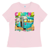 Bubblegum Pink camping is my happy place Ladies Tee - texasbilliewilder