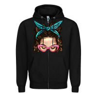 Black Messy Bun Mom With Leopard Bandana Zipper Hoodie - BundleAndBundleShop
