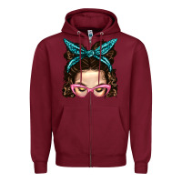 Burgundy Messy Bun Mom With Leopard Bandana Zipper Hoodie - BundleAndBundleShop