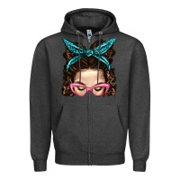 Charcoal Heather Messy Bun Mom With Leopard Bandana Zipper Hoodie - BundleAndBundleShop