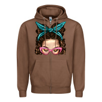 Chestnut Messy Bun Mom With Leopard Bandana Zipper Hoodie - BundleAndBundleShop