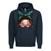 Navy Messy Bun Mom With Leopard Bandana Zipper Hoodie - BundleAndBundleShop