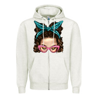 Oatmeal Heather Messy Bun Mom With Leopard Bandana Zipper Hoodie - BundleAndBundleShop