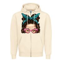 Sandshell Messy Bun Mom With Leopard Bandana Zipper Hoodie - BundleAndBundleShop