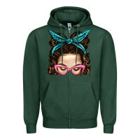 Sports Green Messy Bun Mom With Leopard Bandana Zipper Hoodie - BundleAndBundleShop