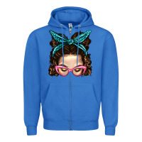 True Royal Messy Bun Mom With Leopard Bandana Zipper Hoodie - BundleAndBundleShop