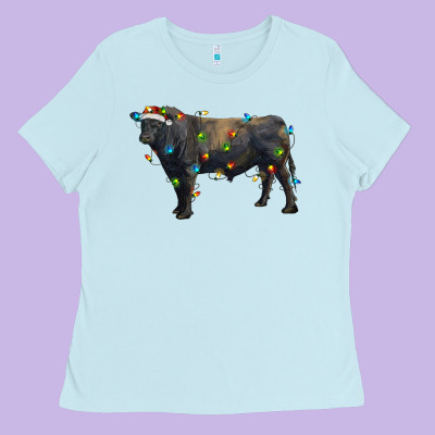 Christmas Black Angus Bull With Christmas Lights Ladies Tee Designed By Ranaportraitstore