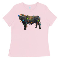 Bubblegum Pink christmas black angus bull with christmas lights Ladies Tee - RanaPortraitStore