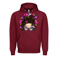 Burgundy Messy Bun Mom With Butterfly Zipper Hoodie - BundleAndBundleShop