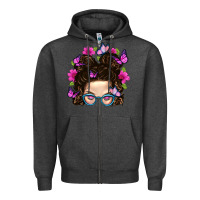 Charcoal Heather Messy Bun Mom With Butterfly Zipper Hoodie - BundleAndBundleShop