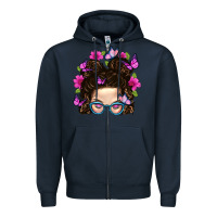 Navy Messy Bun Mom With Butterfly Zipper Hoodie - BundleAndBundleShop