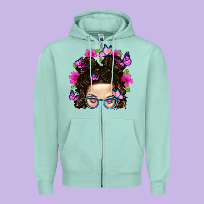 Messy Bun Mom With Butterfly Zipper Hoodie Designed By Bundleandbundleshop