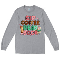 Heather Grey sip coffee read book Long Sleeve Tee - MaliasSmallBusiness