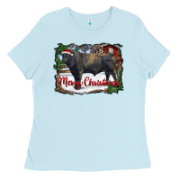 Baby Blue merry christmas black angus bull and farm Ladies Tee - RanaPortraitStore