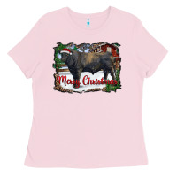 Bubblegum Pink merry christmas black angus bull and farm Ladies Tee - RanaPortraitStore
