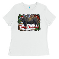 White merry christmas black angus bull and farm Ladies Tee - RanaPortraitStore