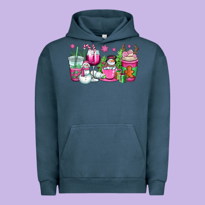 Pink Christmas Snowman Coffee Cups Urban Hoodie Designed By Oliviacreatesart